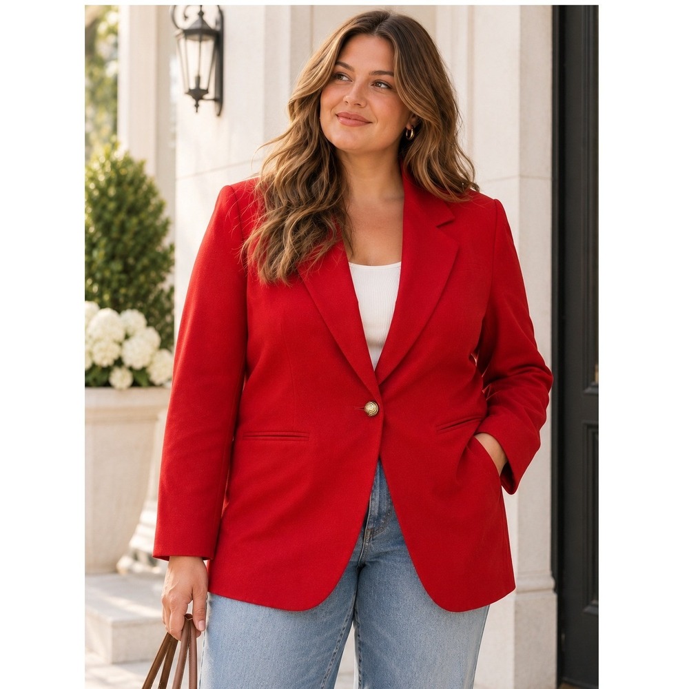 Savannah Blazer Womens 12 Red Pure Wool Single Button Vtg USA Made Holiday Suit
